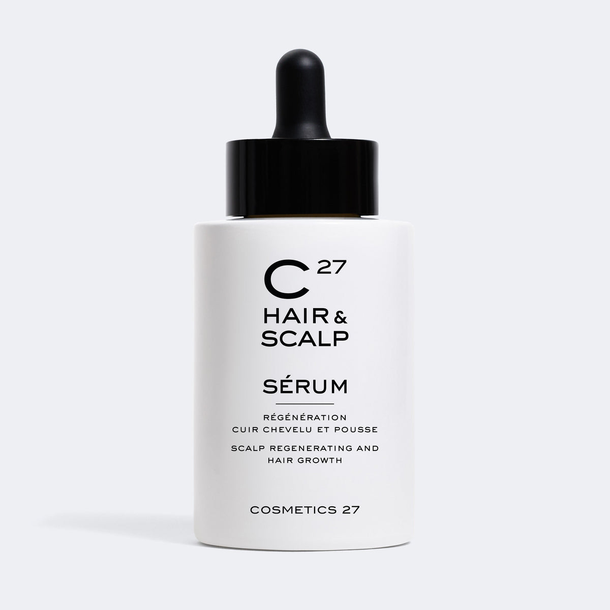 Hair & Scalp Serum dropper bottle on a light gray background