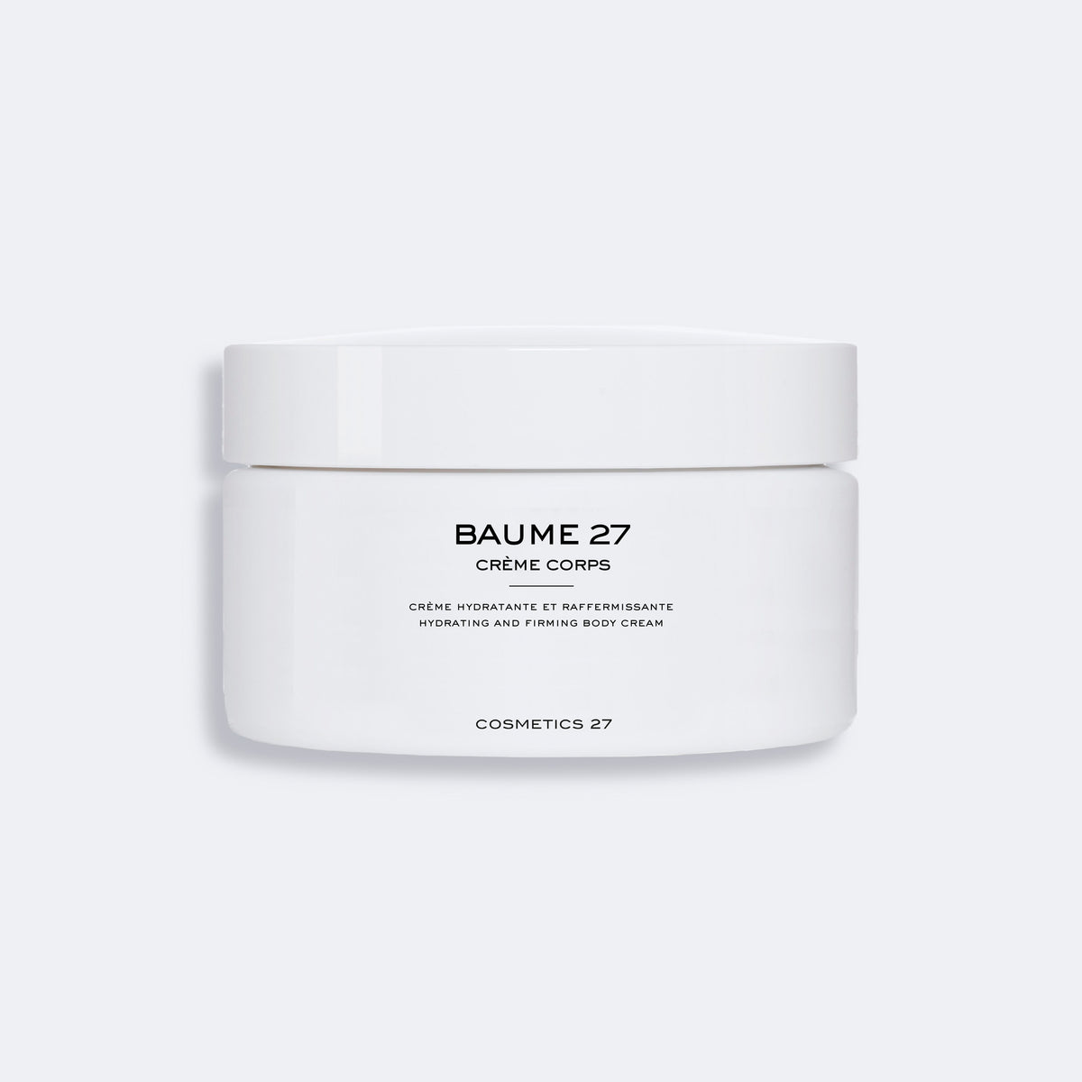 Large closed jar of Baume 27 Body Cream on a light gray background