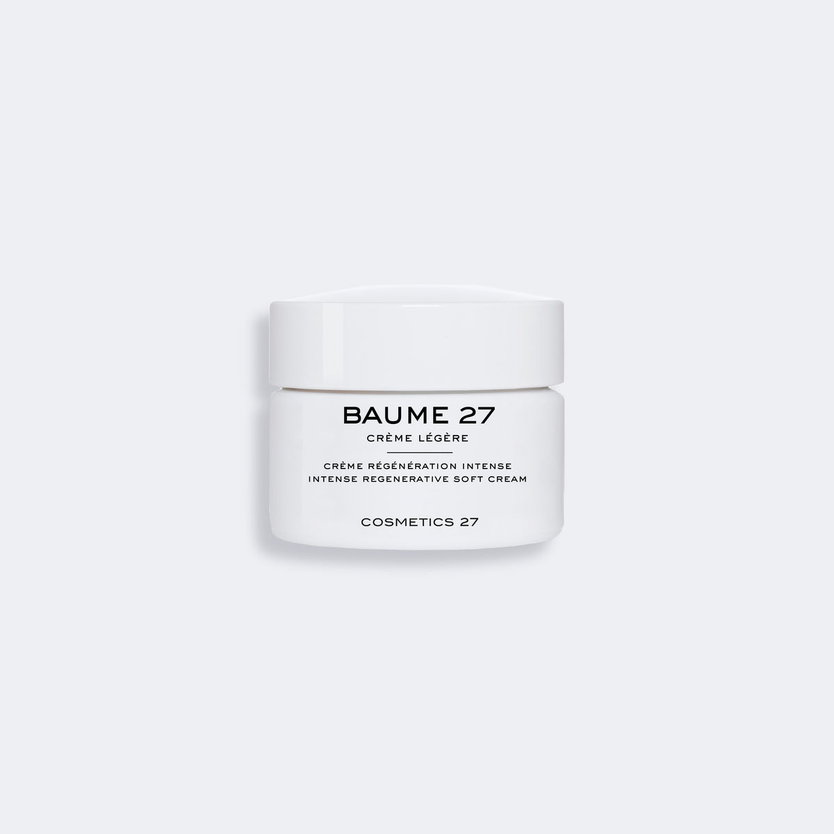 Closed jar of Baume 27 Soft Cream on a light gray background