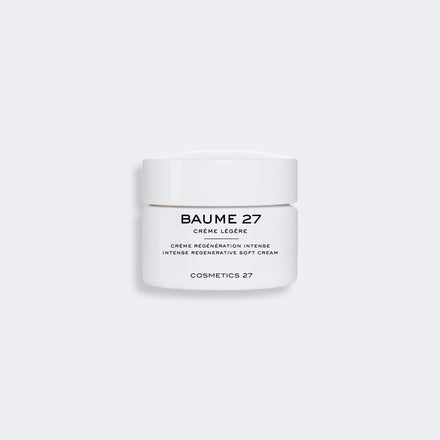 Closed jar of Baume 27 Soft Cream on a light gray background