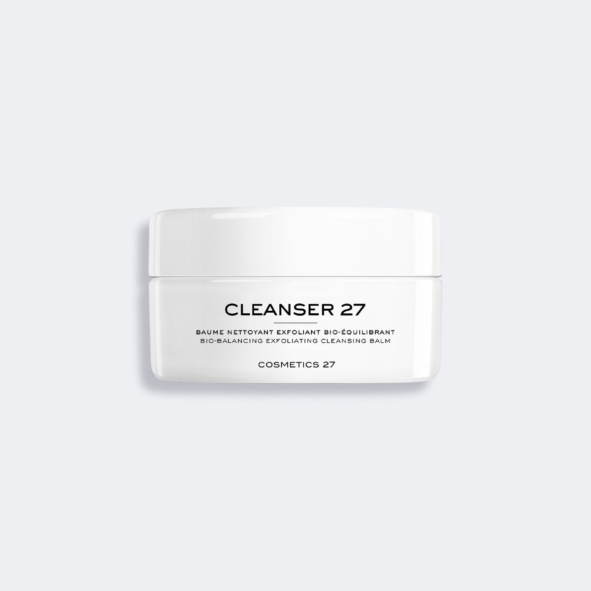 Closed jar of Cleanser 27 on a light gray background
