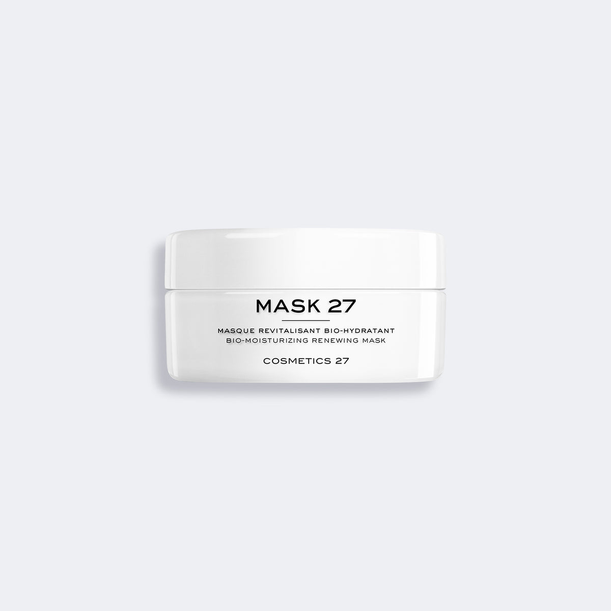 Closed jar of Mask 27 on a light gray background