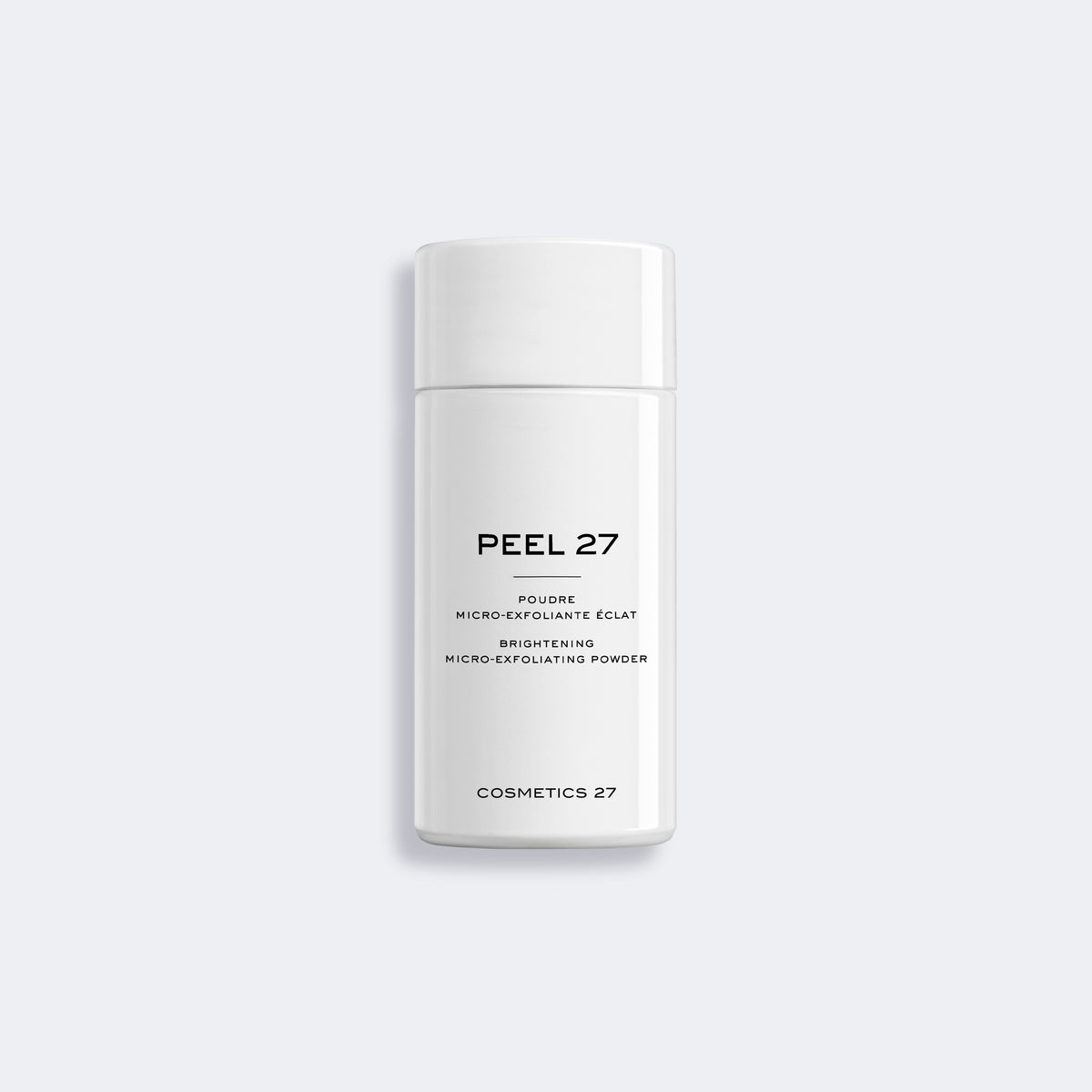 Peel 27 micro-exfoliating powder bottle on a light gray background