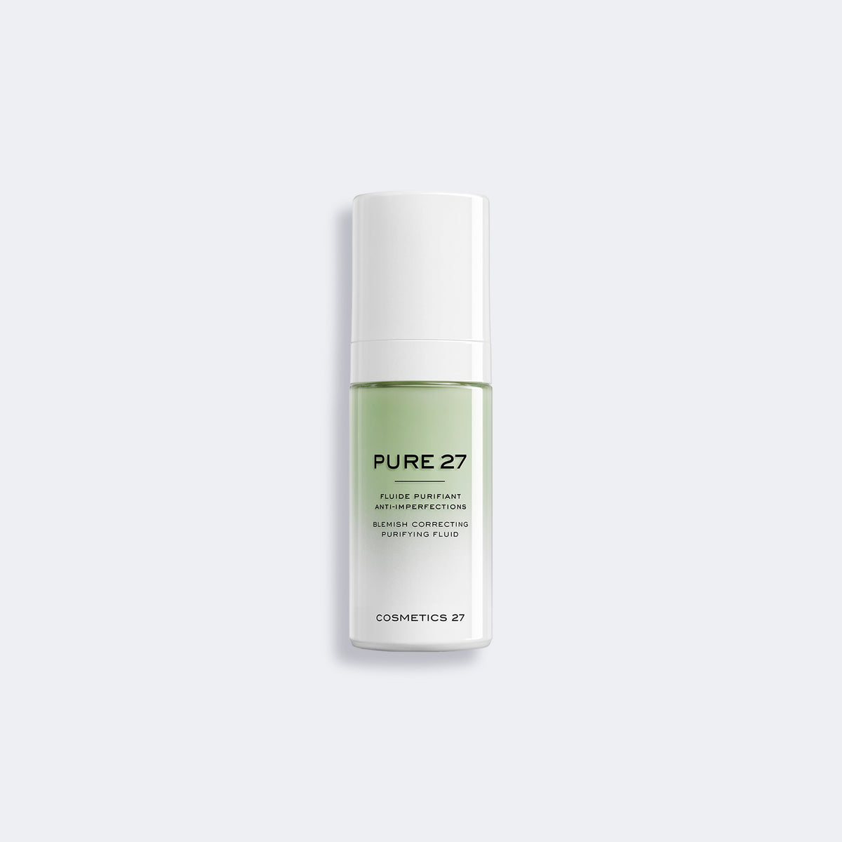 Pure 27 pump bottle with pale green fluid on a light gray background