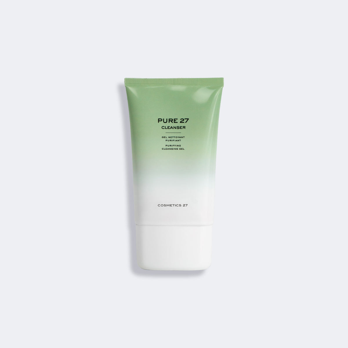 Green and white tube of Pure 27 Cleanser on a light gray background