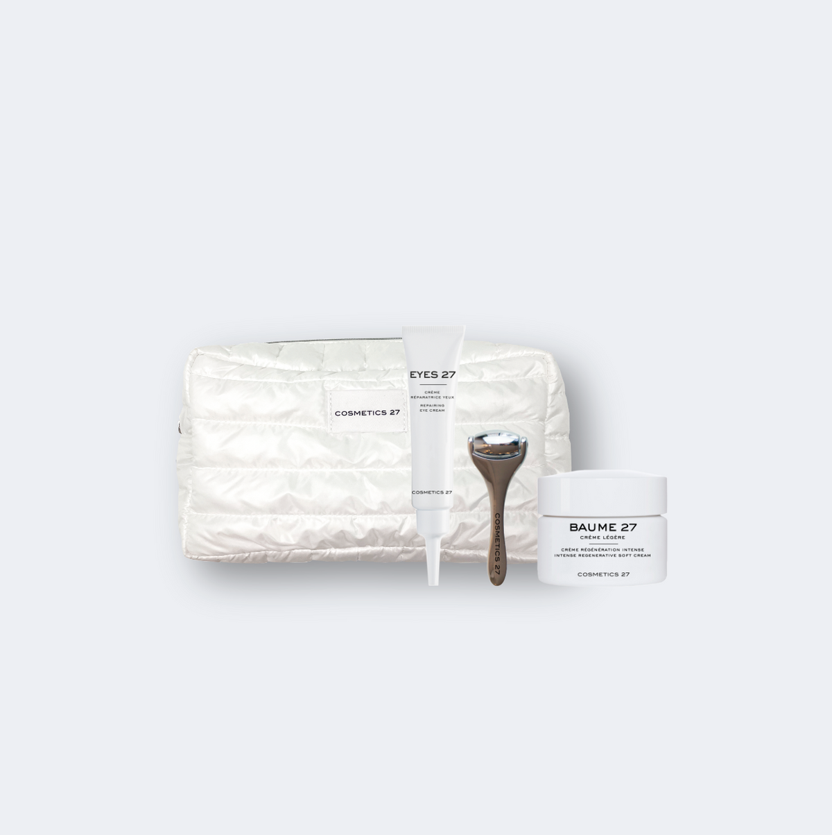 Eyes 27, roller Ridoki et Baume 27 Crème Légère devant une trousse matelassée blanche