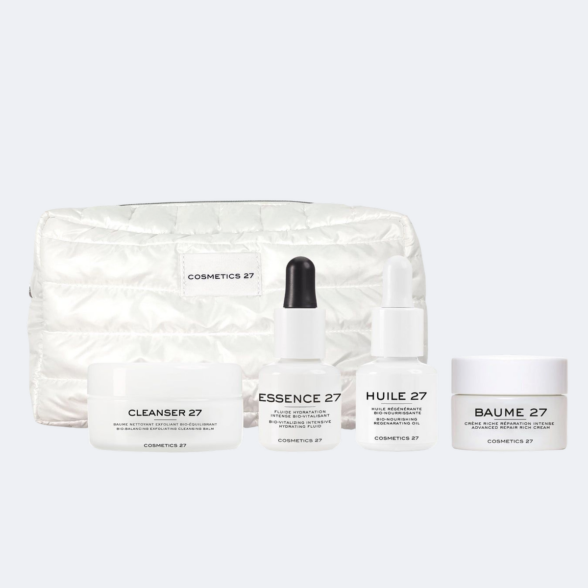 Cleanser 27, Essence 27, Huile 27 and Baume 27 Rich Cream in front of a white quilted pouch